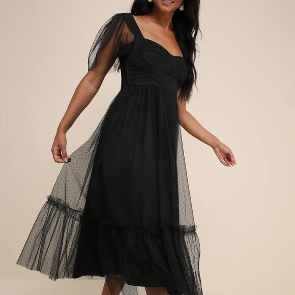 DRESS w/ POCKETS!! Black Tulle Bustier Swiss Dot Midi Dress -Elegant & Romantic - Picture 2 of 12